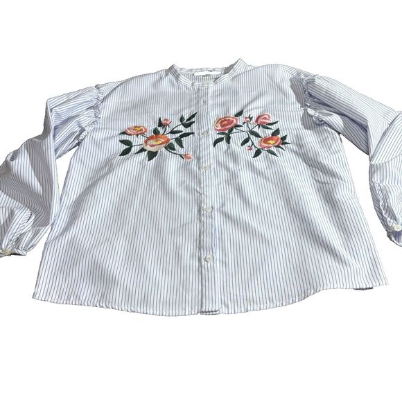 Sugar Lips Long Puff Sleeve Embroidered White with Stripe Button Down Shirt M - Picture 7 of 16